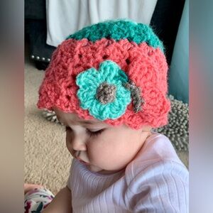 Baby Girls Flower and Butterfly Pink Aqua Crochet Hat New Handmade 8-24 Months